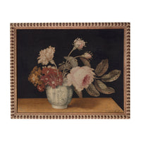 A painting of a vase filled with various flowers, including roses, carnations, and other colorful blooms, set against a dark background.