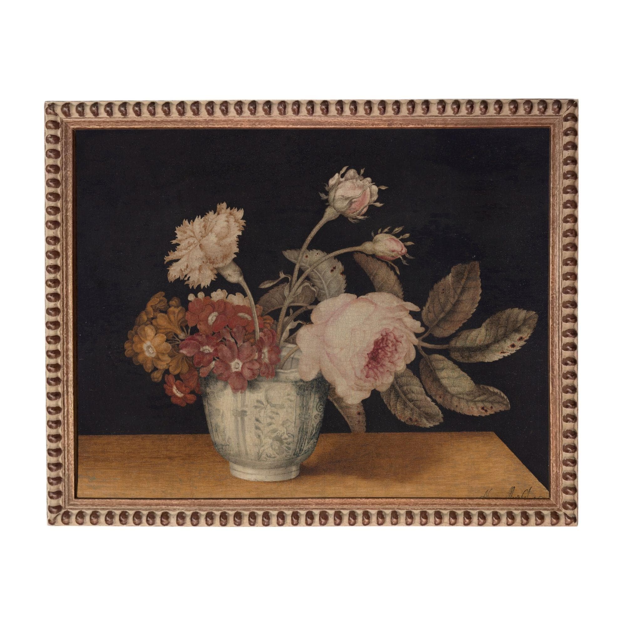 A painting of a vase filled with various flowers, including roses, carnations, and other colorful blooms, set against a dark background.