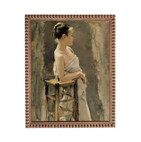 The image is a painting of a woman sitting on a chair, wearing a white dress and wrapped in a towel.