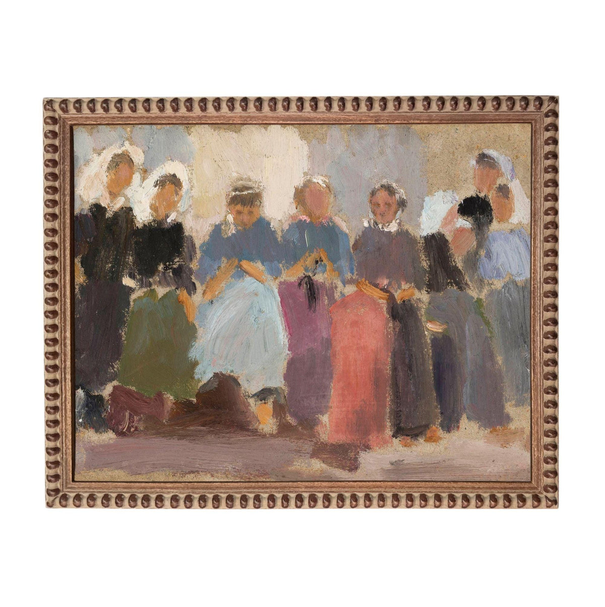 The image is an oil painting depicting a group of people in colorful clothing, arranged in a line and facing the same direction.