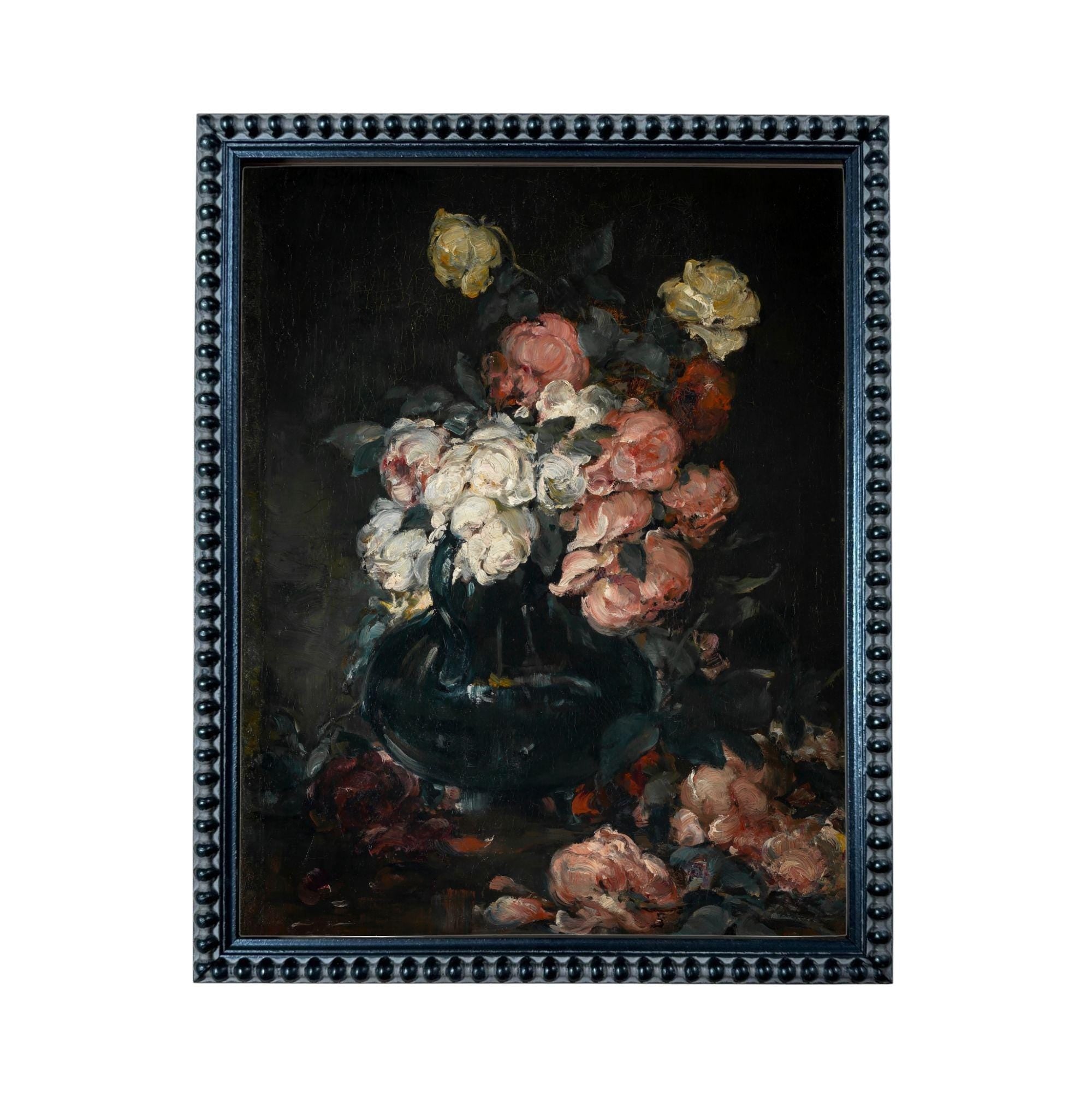 The image is a framed painting depicting a vase filled with a variety of colorful flowers, including white, pink, and yellow roses, set against a dark background.