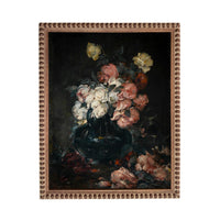The image is a painting of a vase filled with colorful flowers, including white, pink, and yellow roses, set against a dark background.