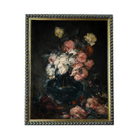 The image is a painting of a vase filled with colorful flowers, including white, pink, and yellow roses, set against a dark background.
