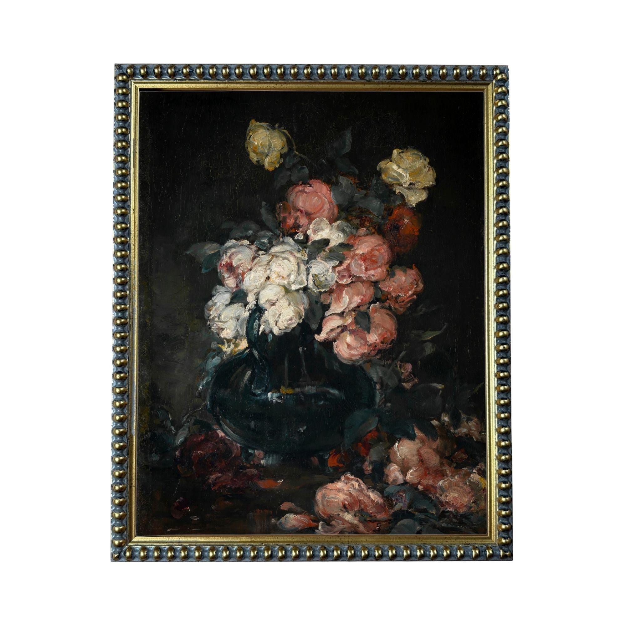 The image is a painting of a vase filled with colorful flowers, including white, pink, and yellow roses, set against a dark background.