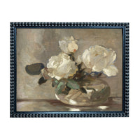 The image is a painting of a vase containing white roses.