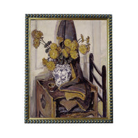 The image is a painting of a vase filled with yellow flowers, placed on a wooden table with a black chair.