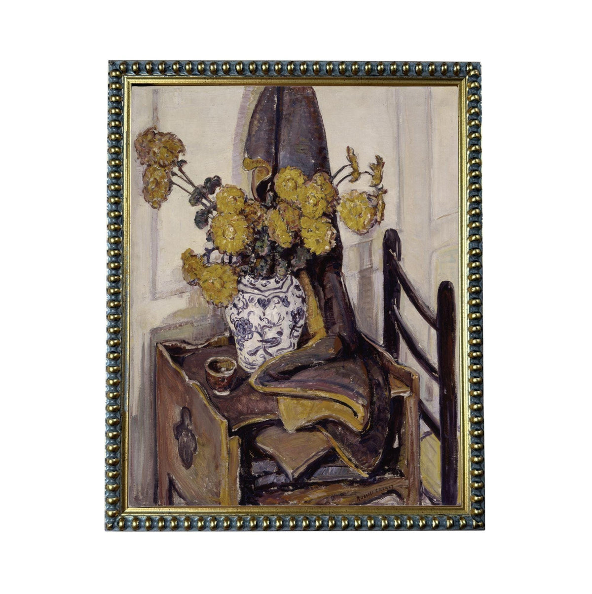 The image is a painting of a vase filled with yellow flowers, placed on a wooden table with a black chair.