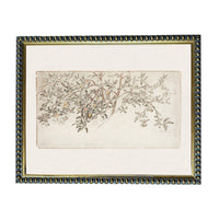 The image is a framed artwork depicting a branch with leaves and flowers.