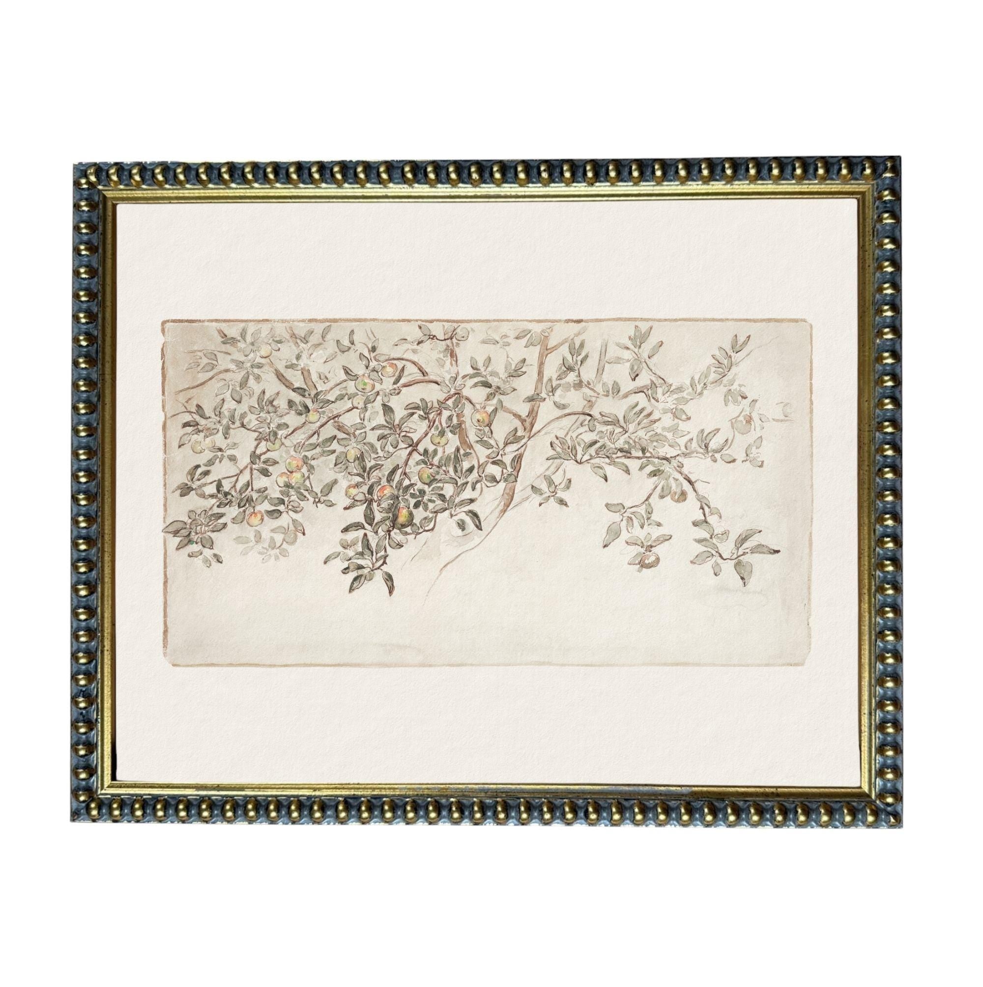 The image is a framed artwork depicting a branch with leaves and flowers.