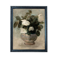The image is a painting of a vase filled with white flowers, set against a neutral background.