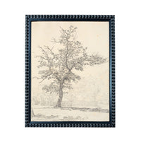 A black and white sketch of a tree with intricate branches and foliage, framed in a decorative black frame.