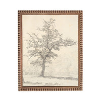 A black and white sketch of a tree with intricate details and a detailed background.