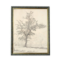 A black and white sketch of a tree with a detailed and intricate depiction of its branches and foliage.
