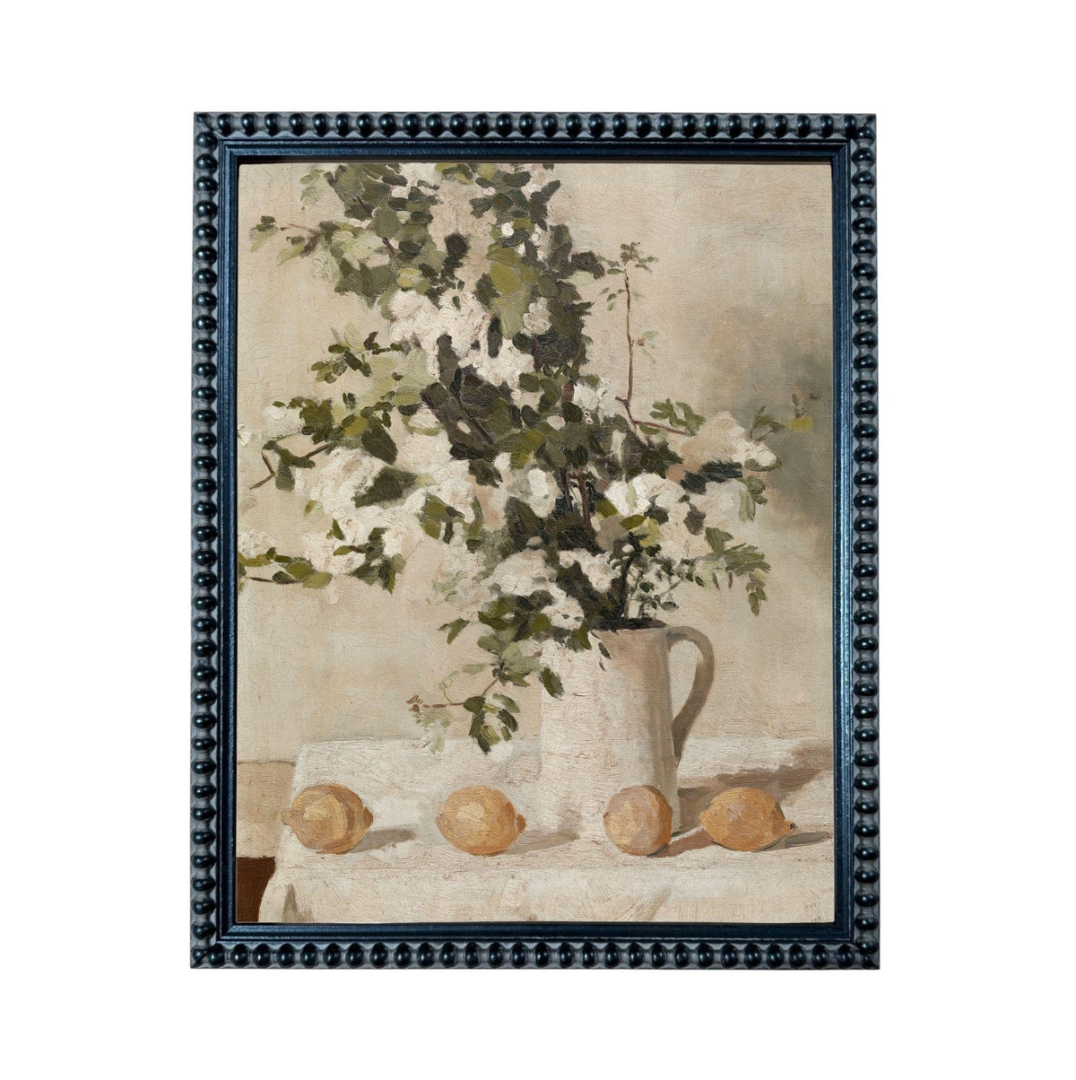 The image is a framed painting depicting a vase of flowers and three lemons on a table.