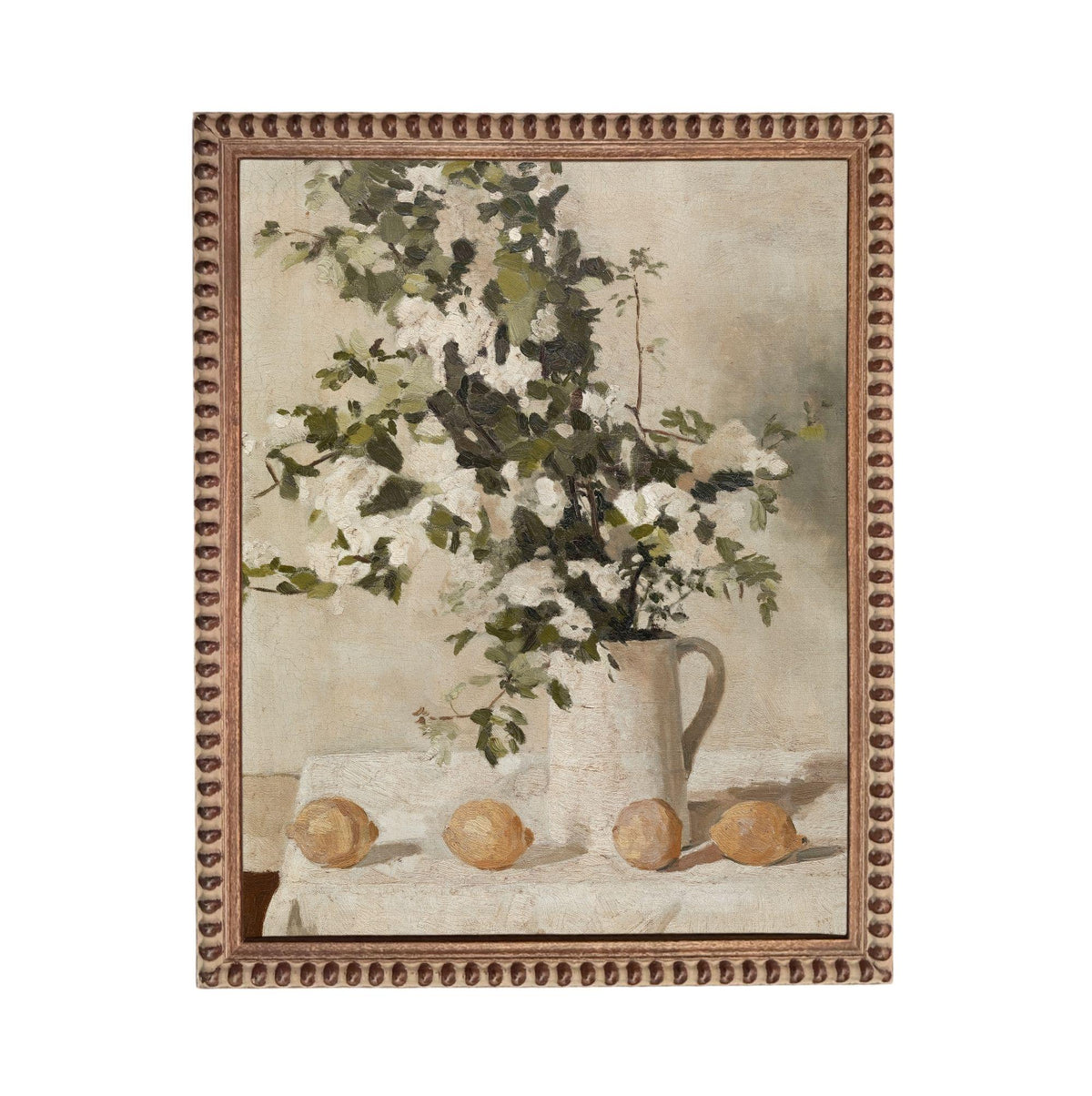 The image is a painting of a vase filled with white flowers and green leaves, placed on a table with three lemons.