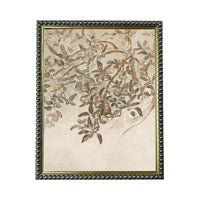 a painting of a tree branch with leaves and fruit, displayed in a frame with a decorative border.