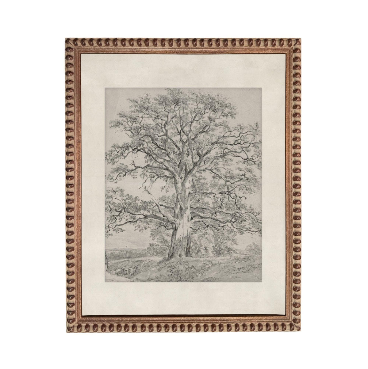 The image is a framed artwork depicting a large tree with a thick trunk and sprawling branches, set against a natural landscape.