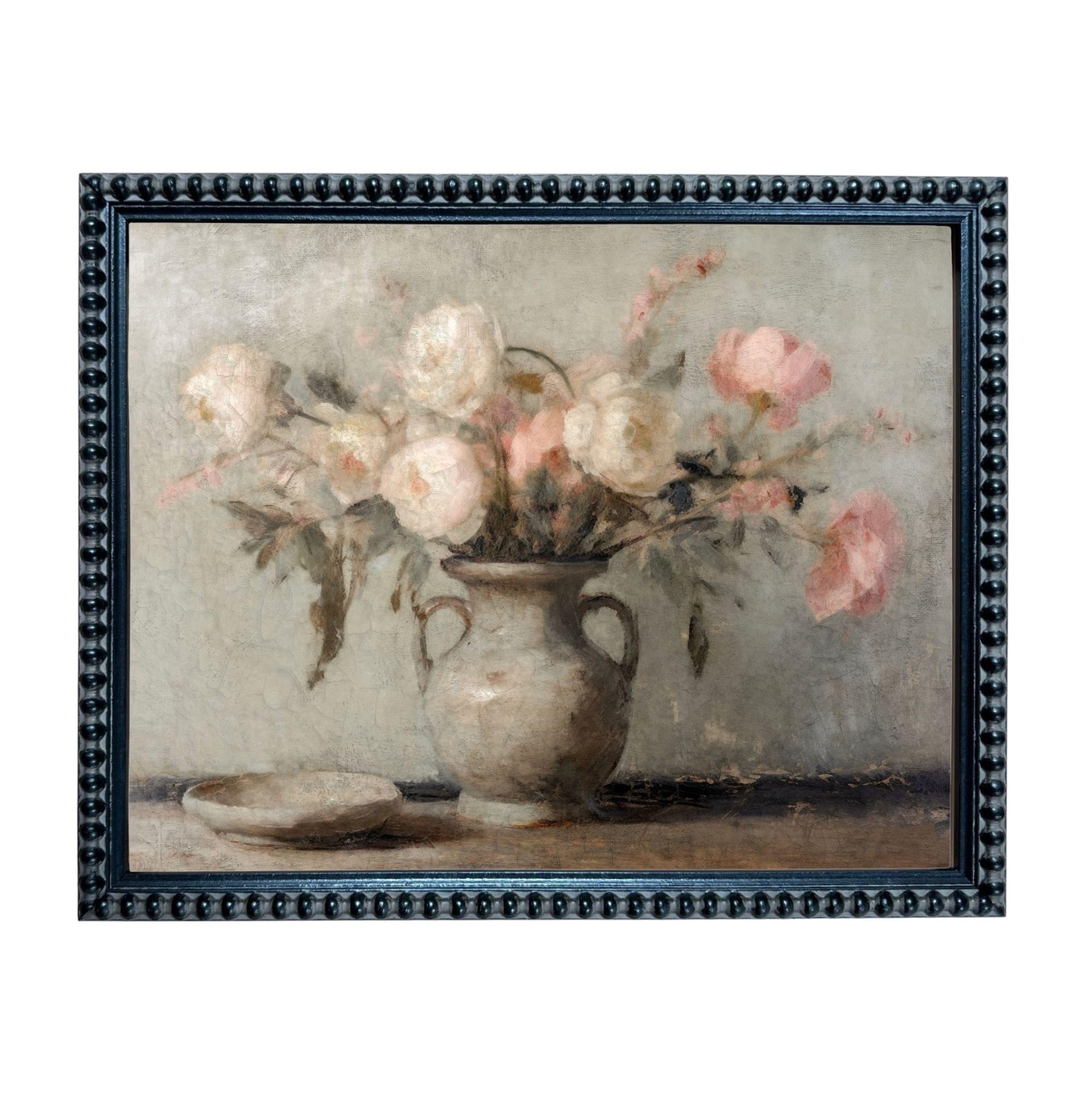 A framed painting depicting a vase filled with pink and white flowers, placed on a table.