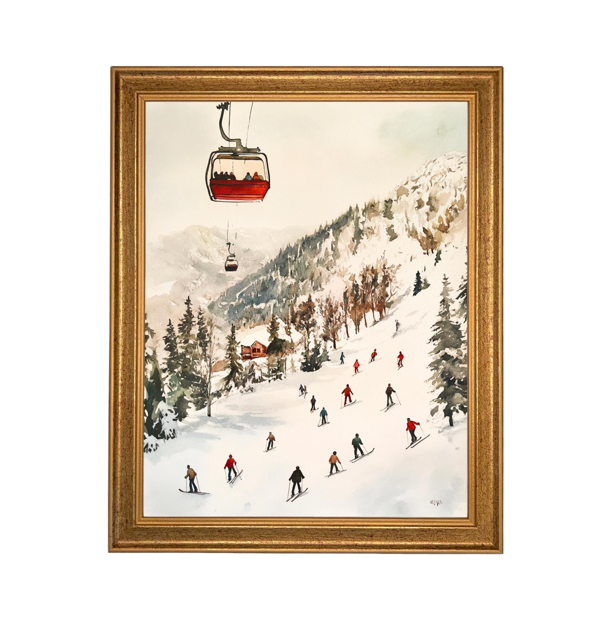 Vintage Ski Slope Canvas Print: Framed Winter Scene Art, Farmhouse Decor #CH-331