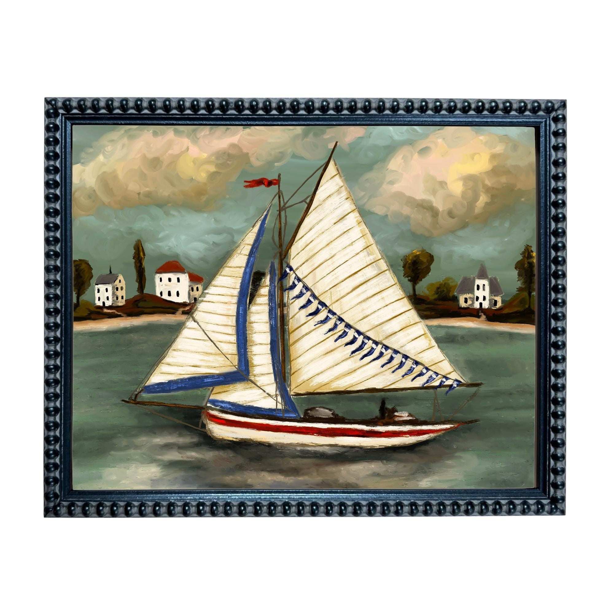 Framed Vintage Sailboat Canvas Print: Coastal Beach House Decor #COAS-208