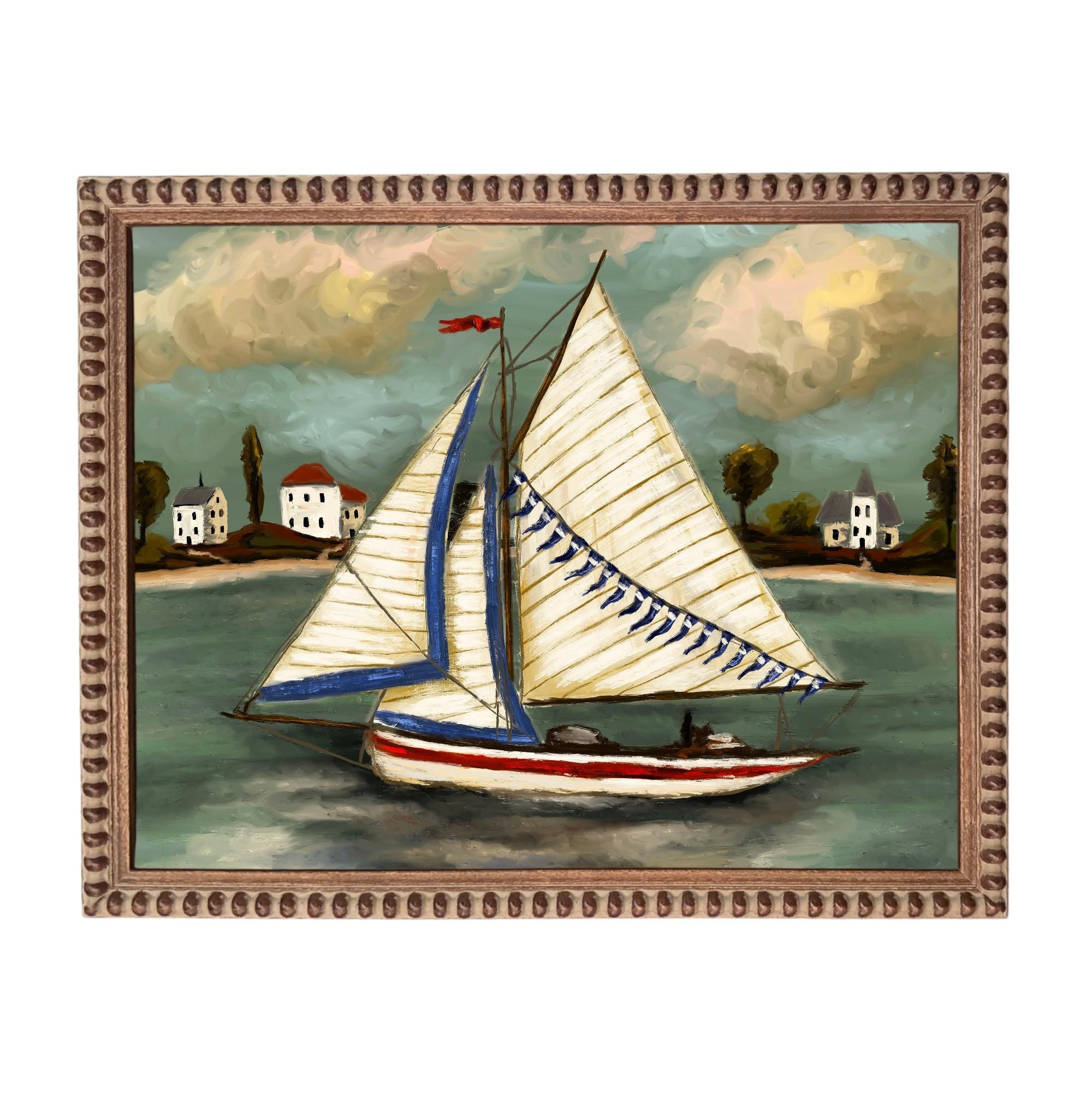 Framed Vintage Sailboat Canvas Print: Coastal Beach House Decor #COAS-208