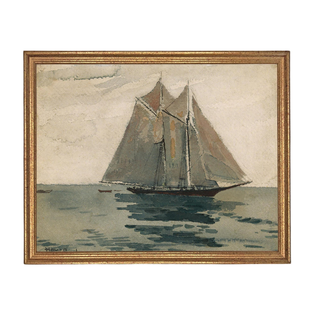 Framed Vintage Coastal Seascape Canvas Print: Sailboat Art, Beach House Decor #COAS-210