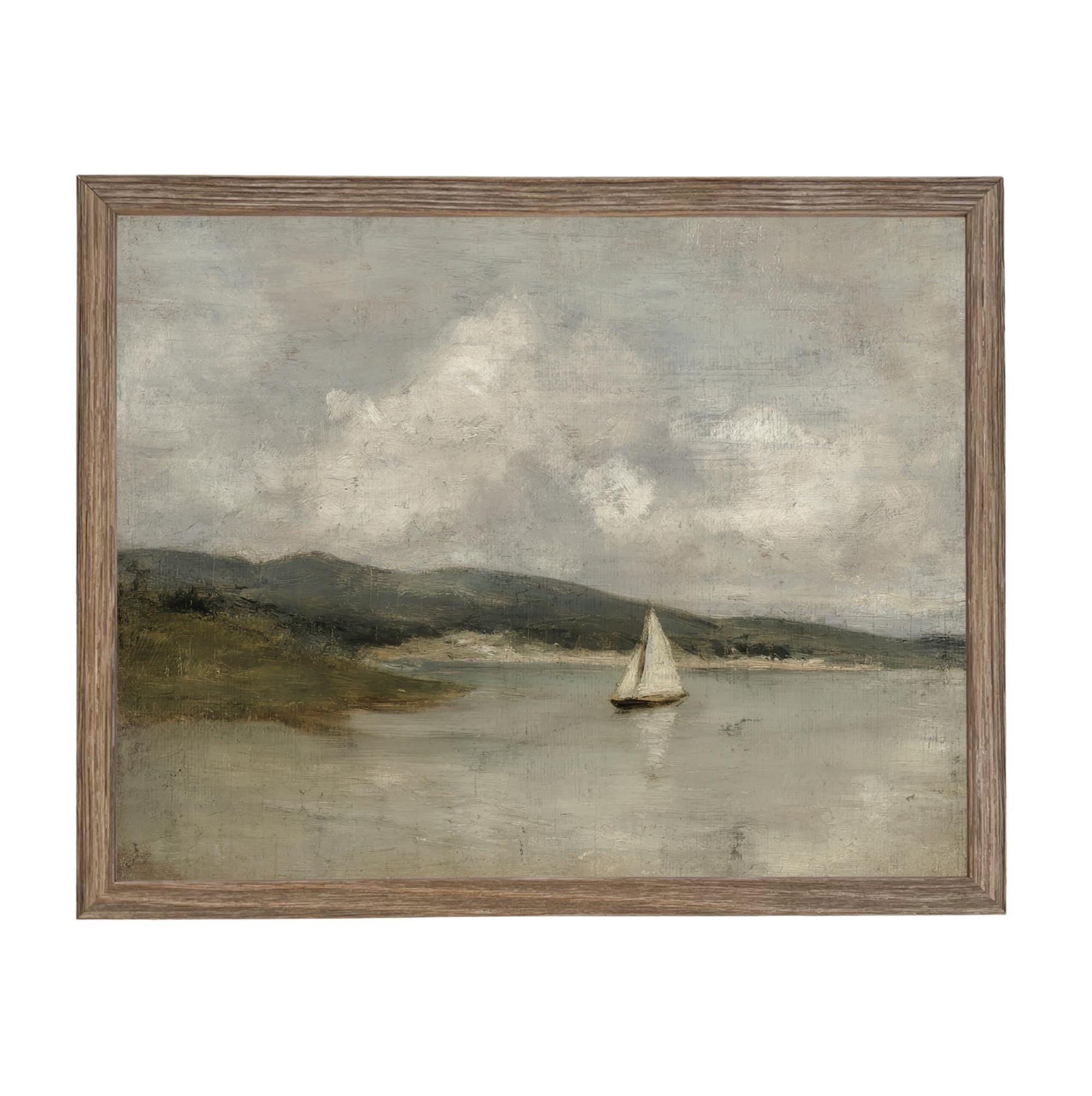 Vintage Framed Nautical Coastal Seascape Canvas Print: Sailboat Art, Beach House Decor #COAS-211