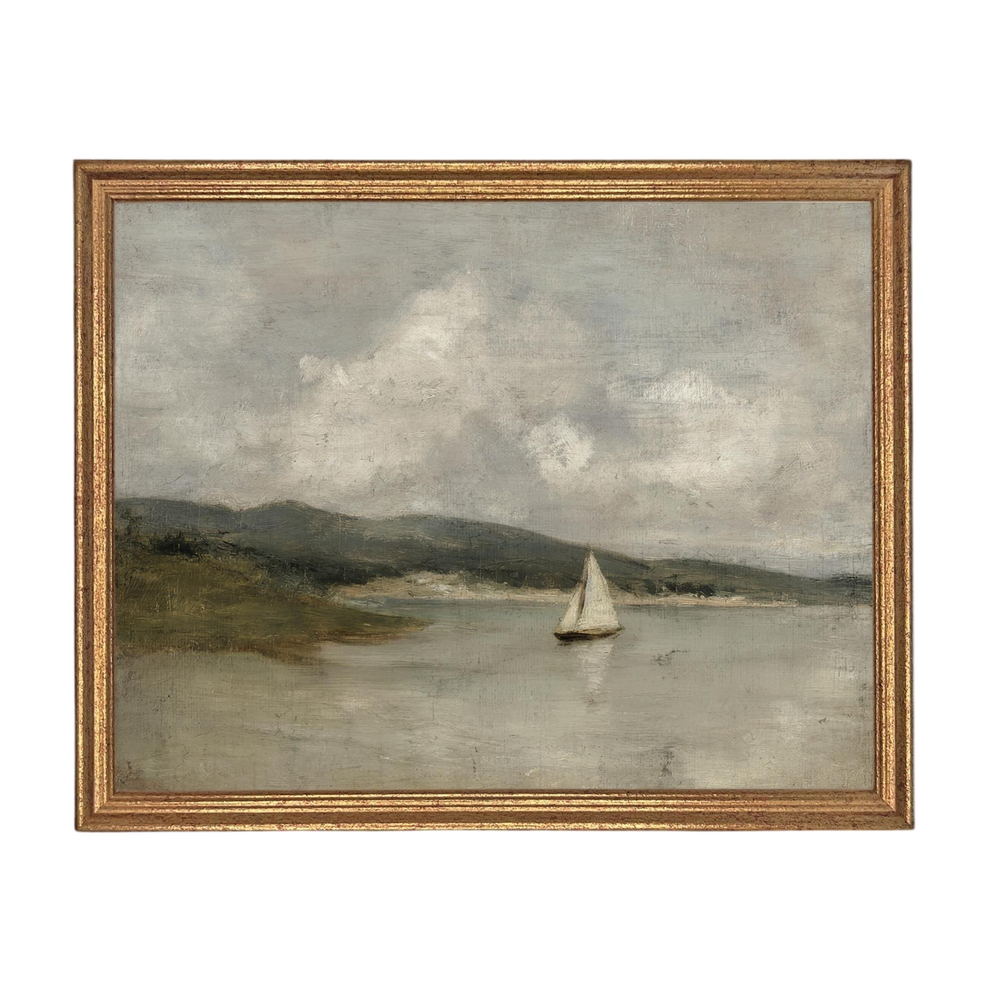 Vintage Framed Nautical Coastal Seascape Canvas Print: Sailboat Art, Beach House Decor #COAS-211