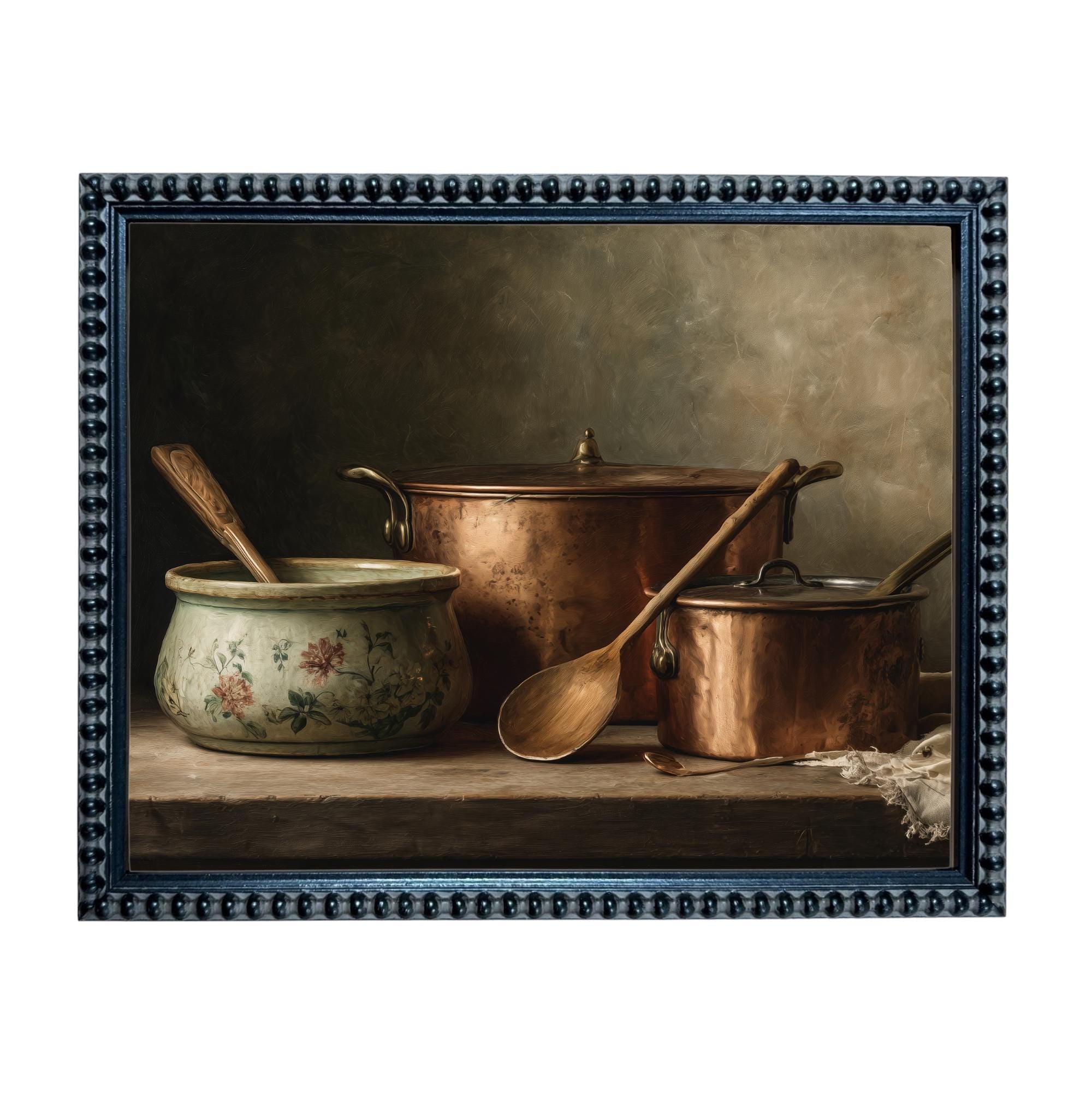 Framed Vintage Copper Pots Pottery Still Life Canvas Print: Farmhouse Kitchen Art #ST-642