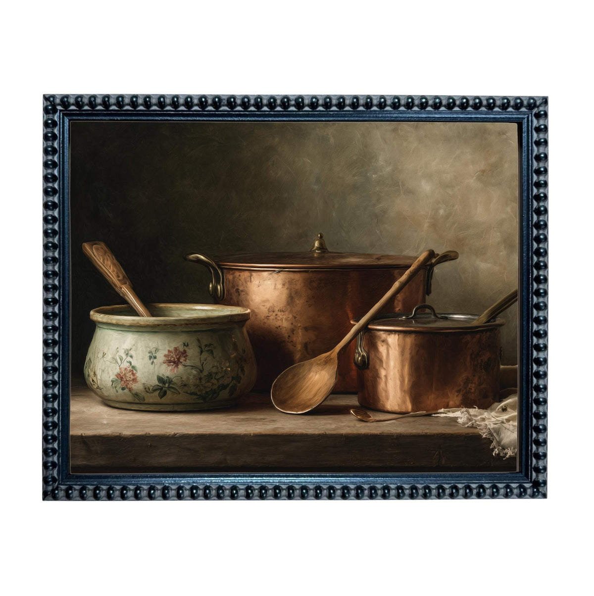 Framed Vintage Copper Pots Pottery Still Life Canvas Print: Farmhouse Kitchen Art #ST-642