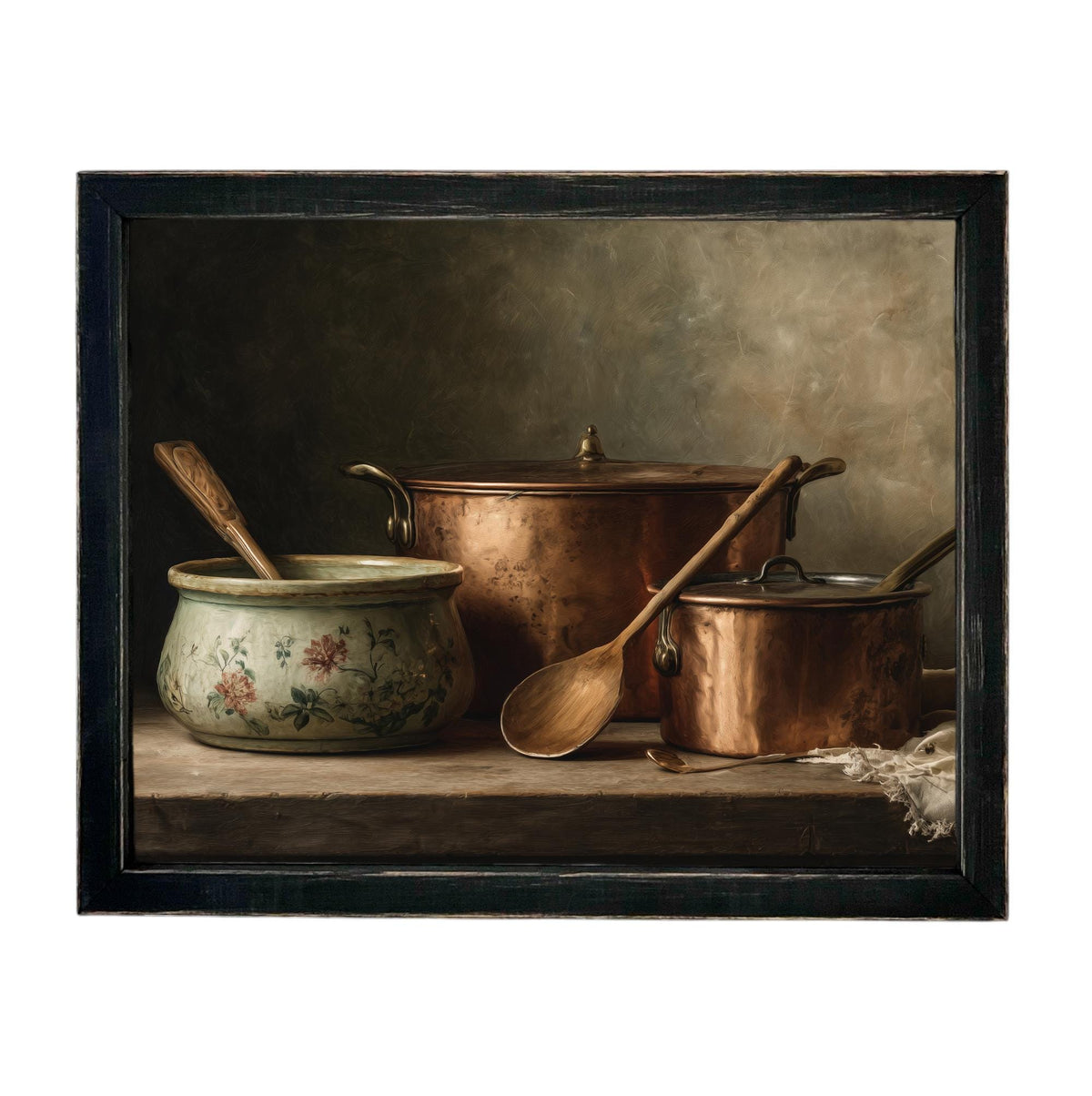 Framed Vintage Copper Pots Pottery Still Life Canvas Print: Farmhouse Kitchen Art #ST-642