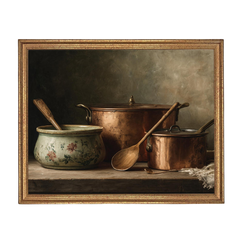 Framed Vintage Copper Pots Pottery Still Life Canvas Print: Farmhouse Kitchen Art #ST-642