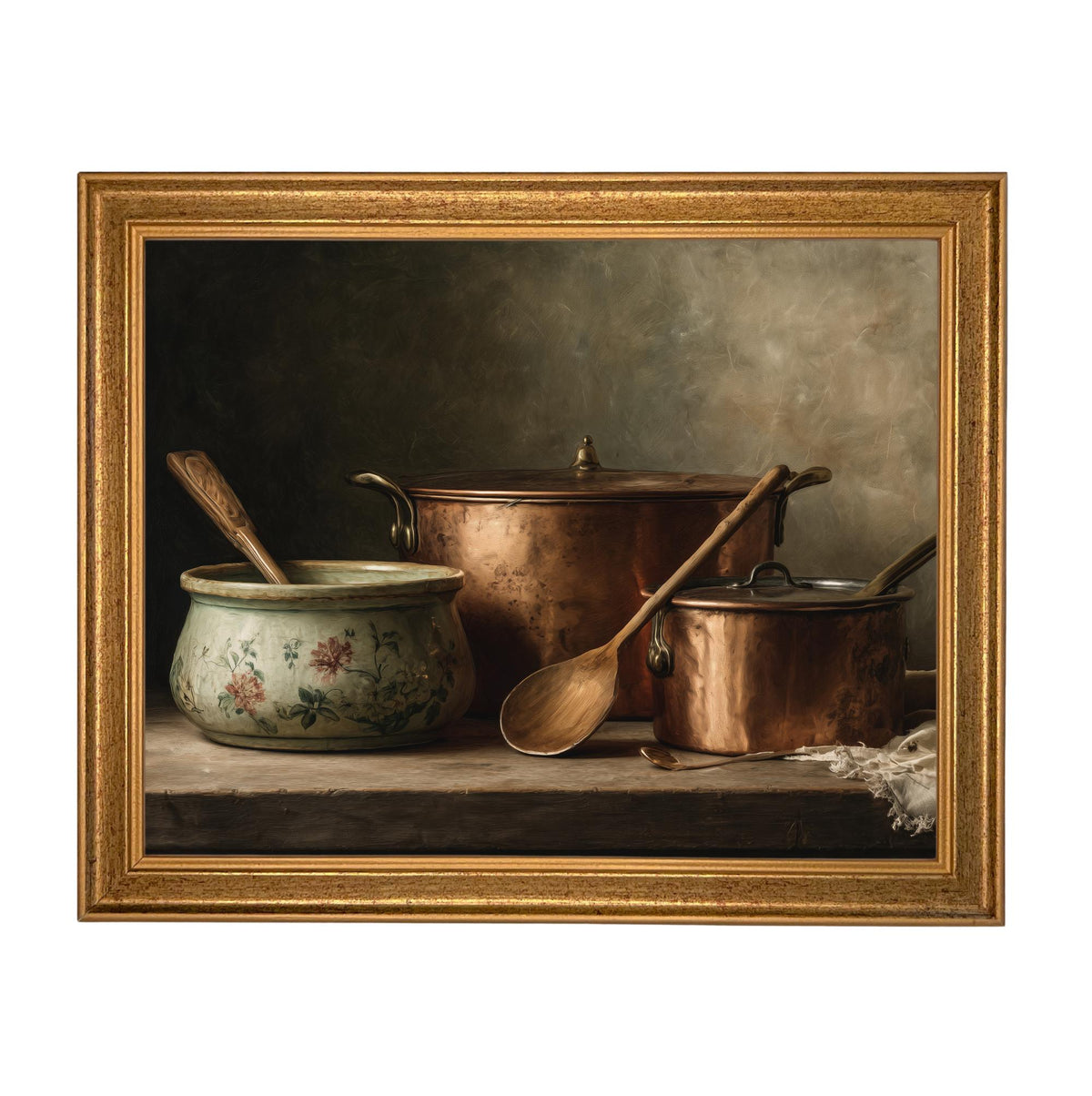 Framed Vintage Copper Pots Pottery Still Life Canvas Print: Farmhouse Kitchen Art #ST-642