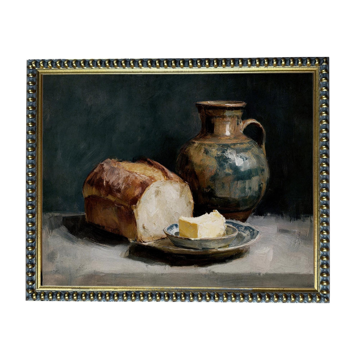 Framed Vintage Pottery and Bread Still Life Painting, Farmhouse Kitchen Canvas Print #ST-643