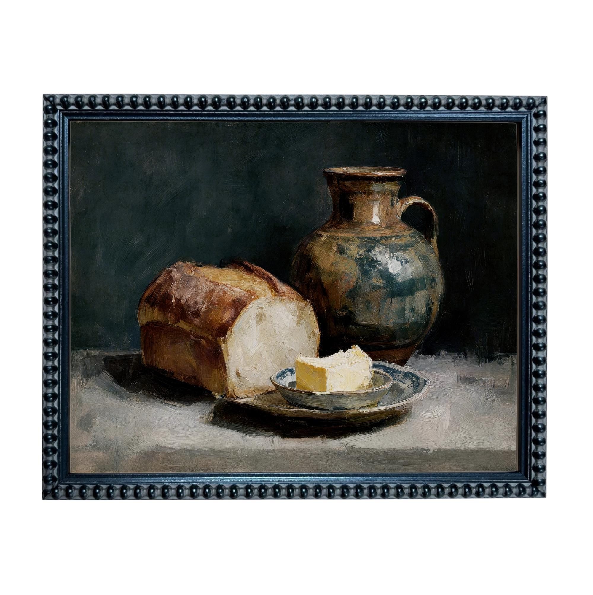 Framed Vintage Pottery and Bread Still Life Painting, Farmhouse Kitchen Canvas Print #ST-643