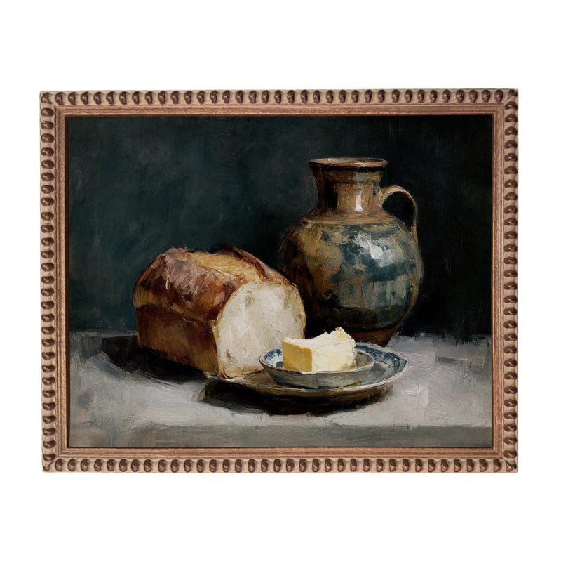 Framed Vintage Pottery and Bread Still Life Painting, Farmhouse Kitchen Canvas Print #ST-643