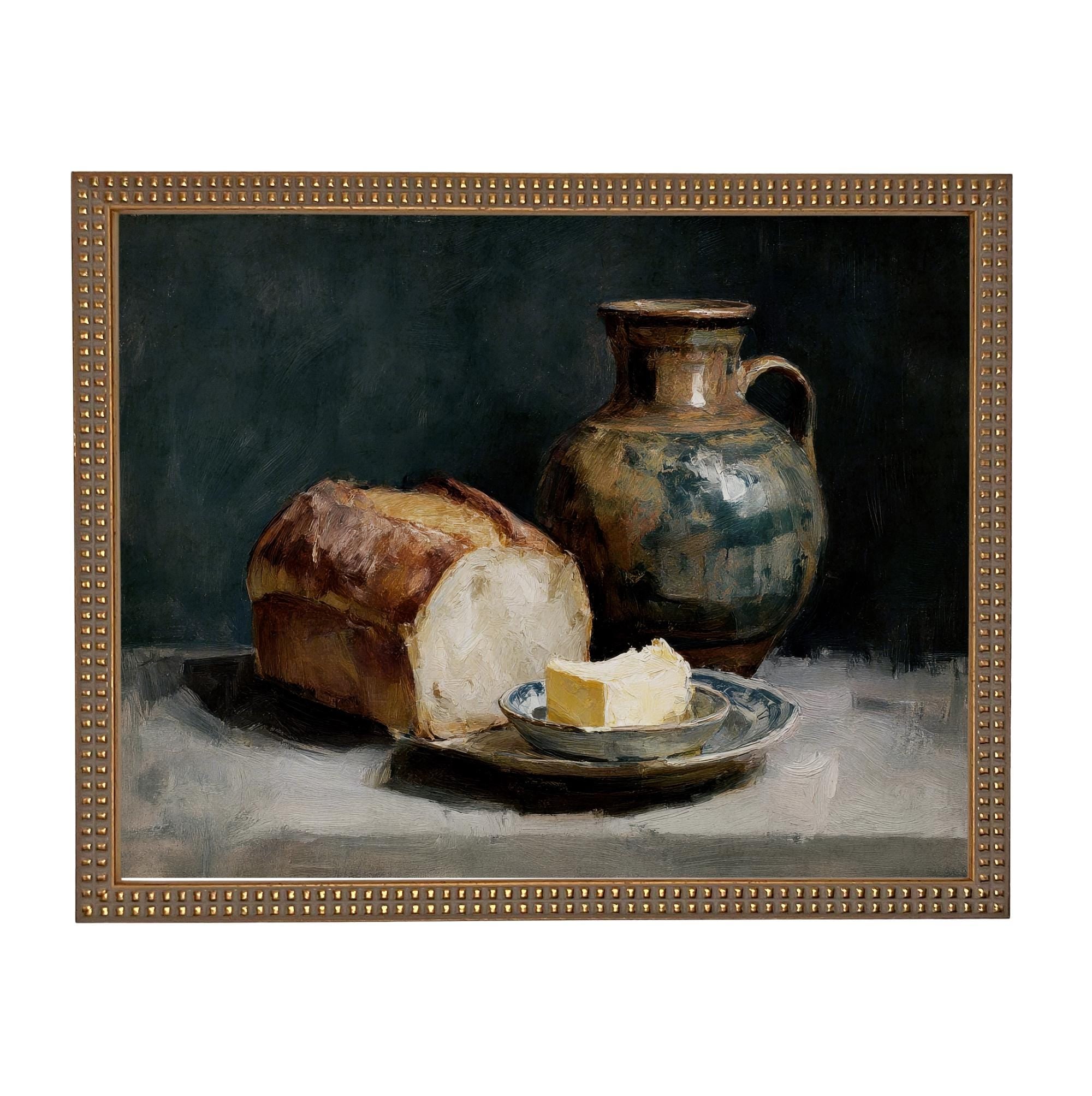 Framed Vintage Pottery and Bread Still Life Painting, Farmhouse Kitchen Canvas Print #ST-643