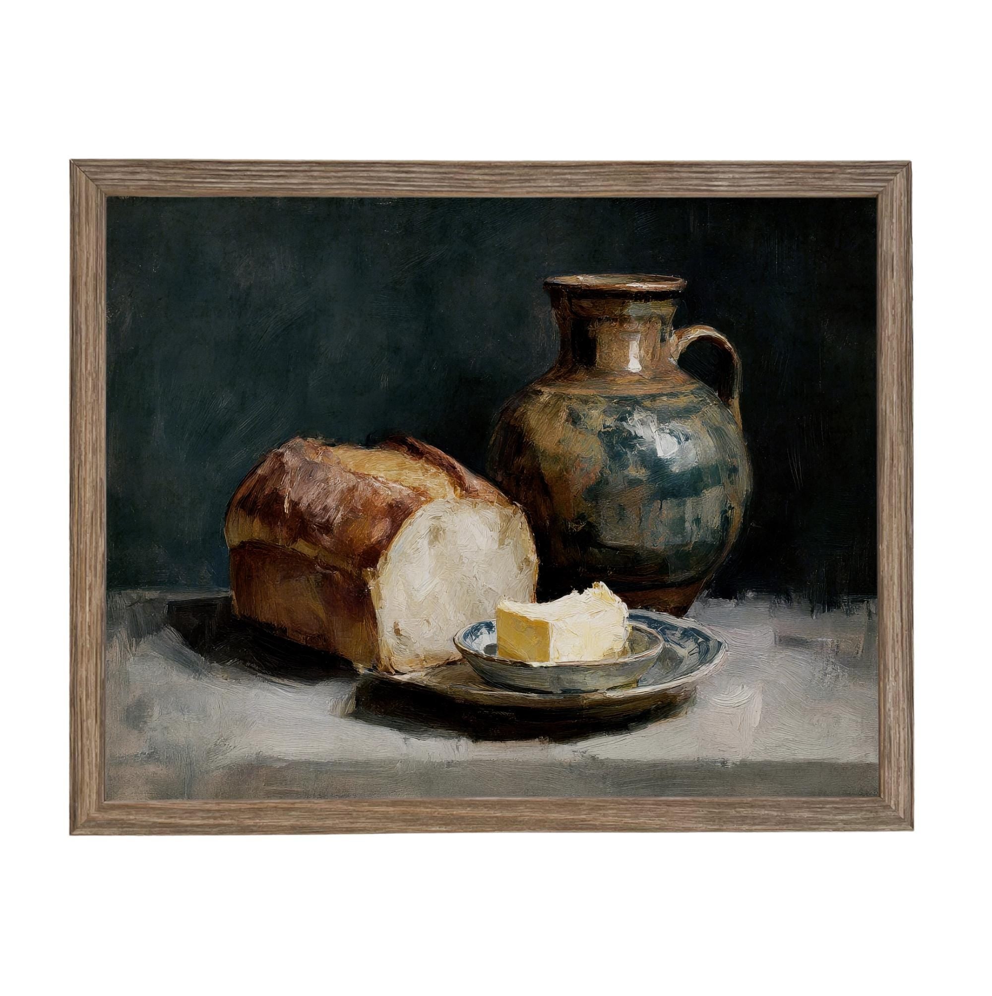 Framed Vintage Pottery and Bread Still Life Painting, Farmhouse Kitchen Canvas Print #ST-643