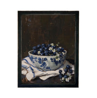 Vintage Framed Canvas Print: Bowl of Blueberries Still Life, Farmhouse Kitchen Art #ST-646