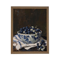 Vintage Framed Canvas Print: Bowl of Blueberries Still Life, Farmhouse Kitchen Art #ST-646
