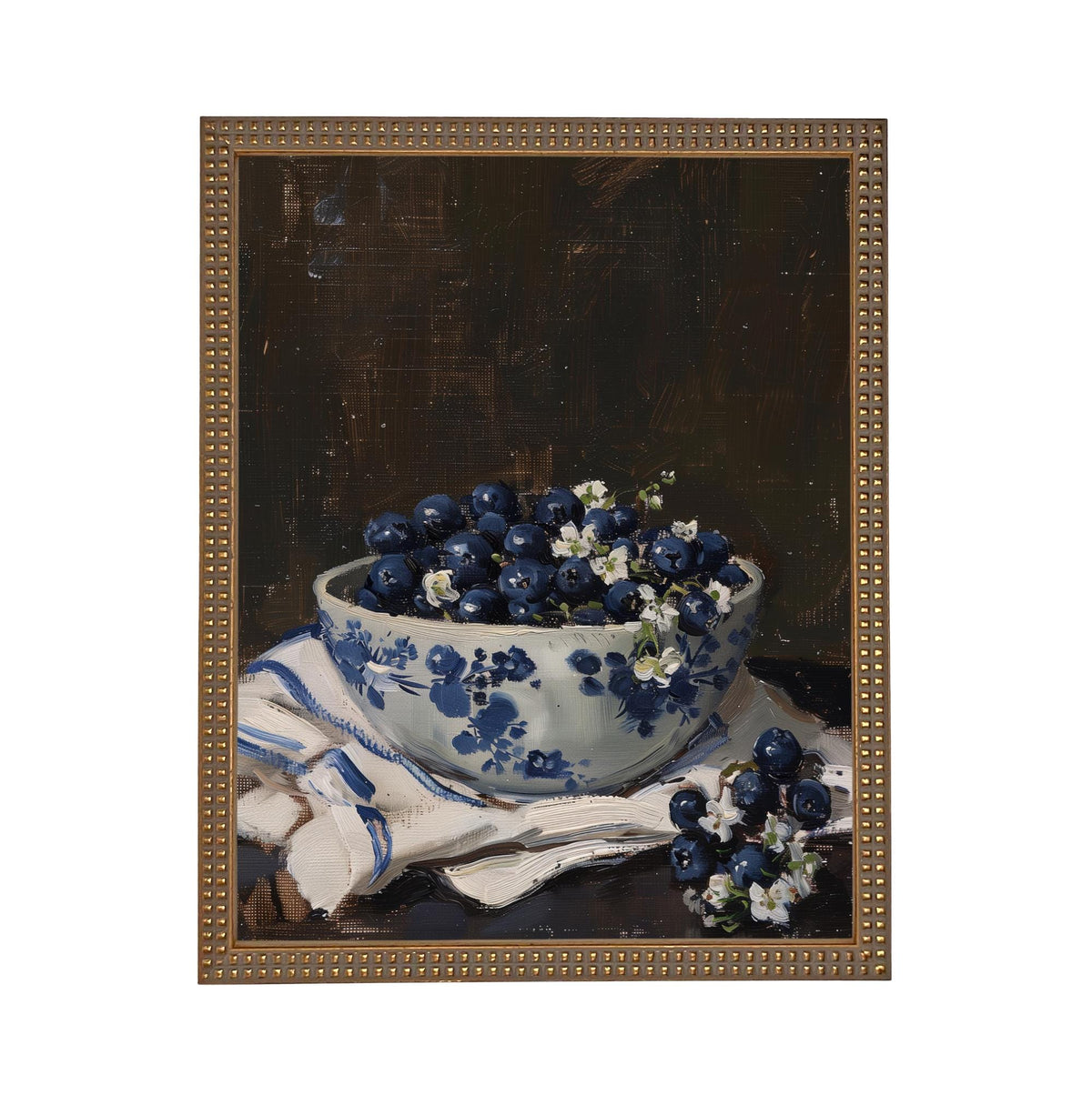 Vintage Framed Canvas Print: Bowl of Blueberries Still Life, Farmhouse Kitchen Art #ST-646