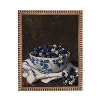 Vintage Framed Canvas Print: Bowl of Blueberries Still Life, Farmhouse Kitchen Art #ST-646