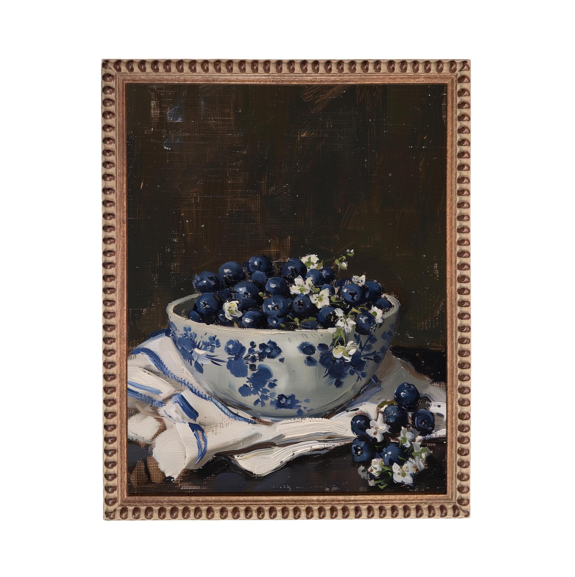 Vintage Framed Canvas Print: Bowl of Blueberries Still Life, Farmhouse Kitchen Art #ST-646