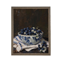 Vintage Framed Canvas Print: Bowl of Blueberries Still Life, Farmhouse Kitchen Art #ST-646