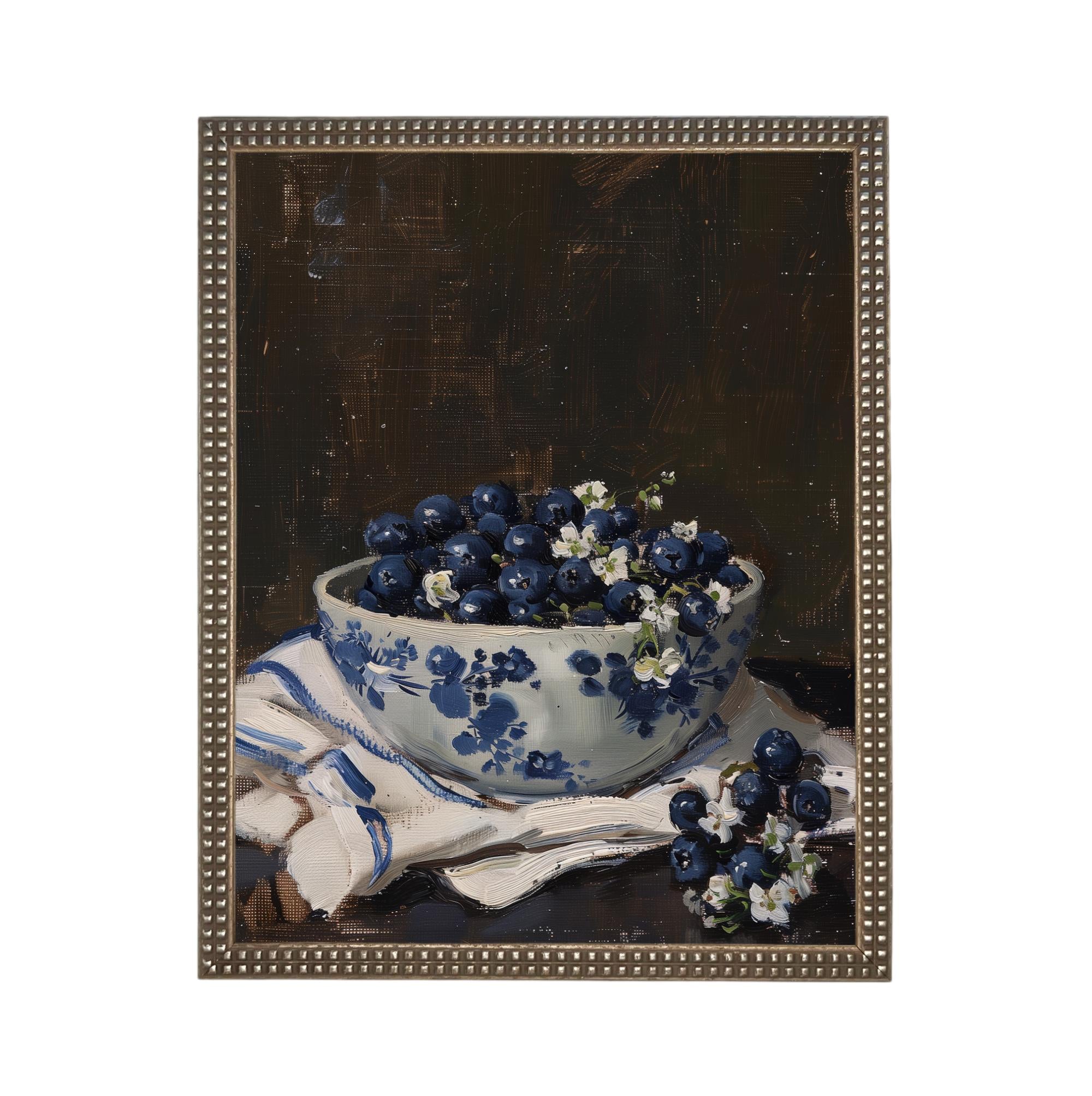 Vintage Framed Canvas Print: Bowl of Blueberries Still Life, Farmhouse Kitchen Art #ST-646