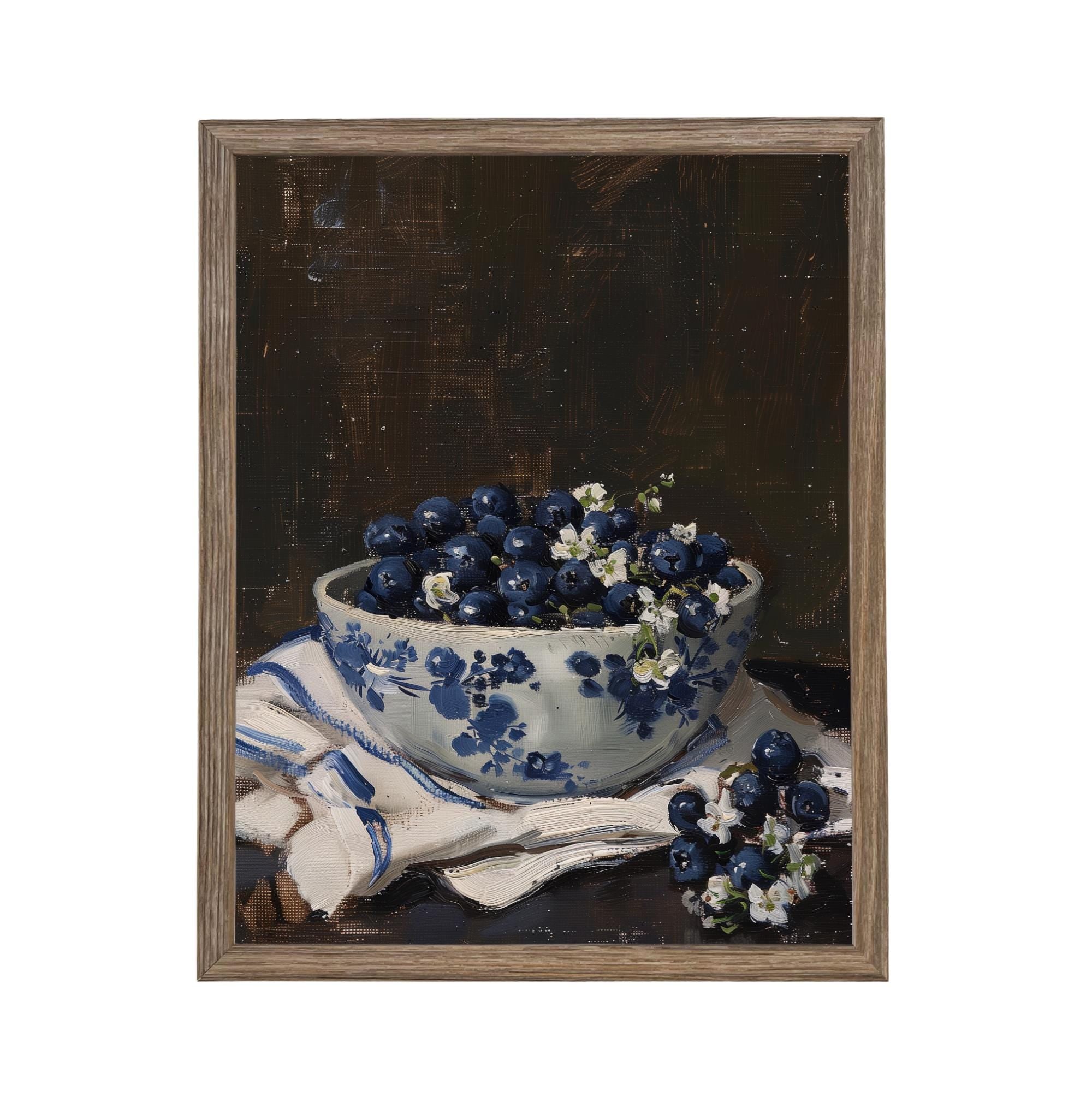 Vintage Framed Canvas Print: Bowl of Blueberries Still Life, Farmhouse Kitchen Art #ST-646
