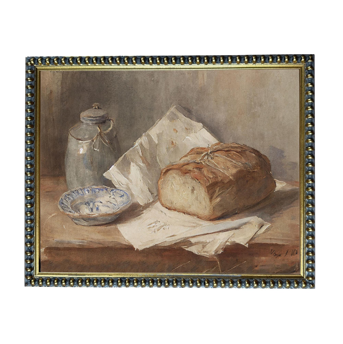 Framed Vintage Pottery and Bread Still Life Painting, Farmhouse Kitchen Canvas Print #ST-648