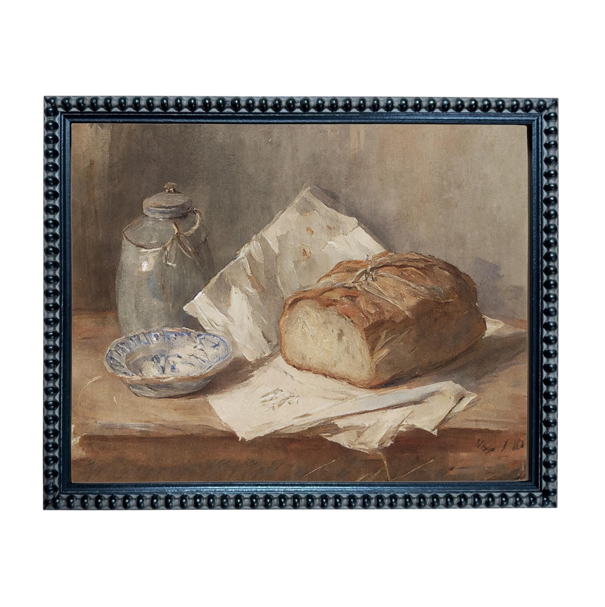 Framed Vintage Pottery and Bread Still Life Painting, Farmhouse Kitchen Canvas Print #ST-648