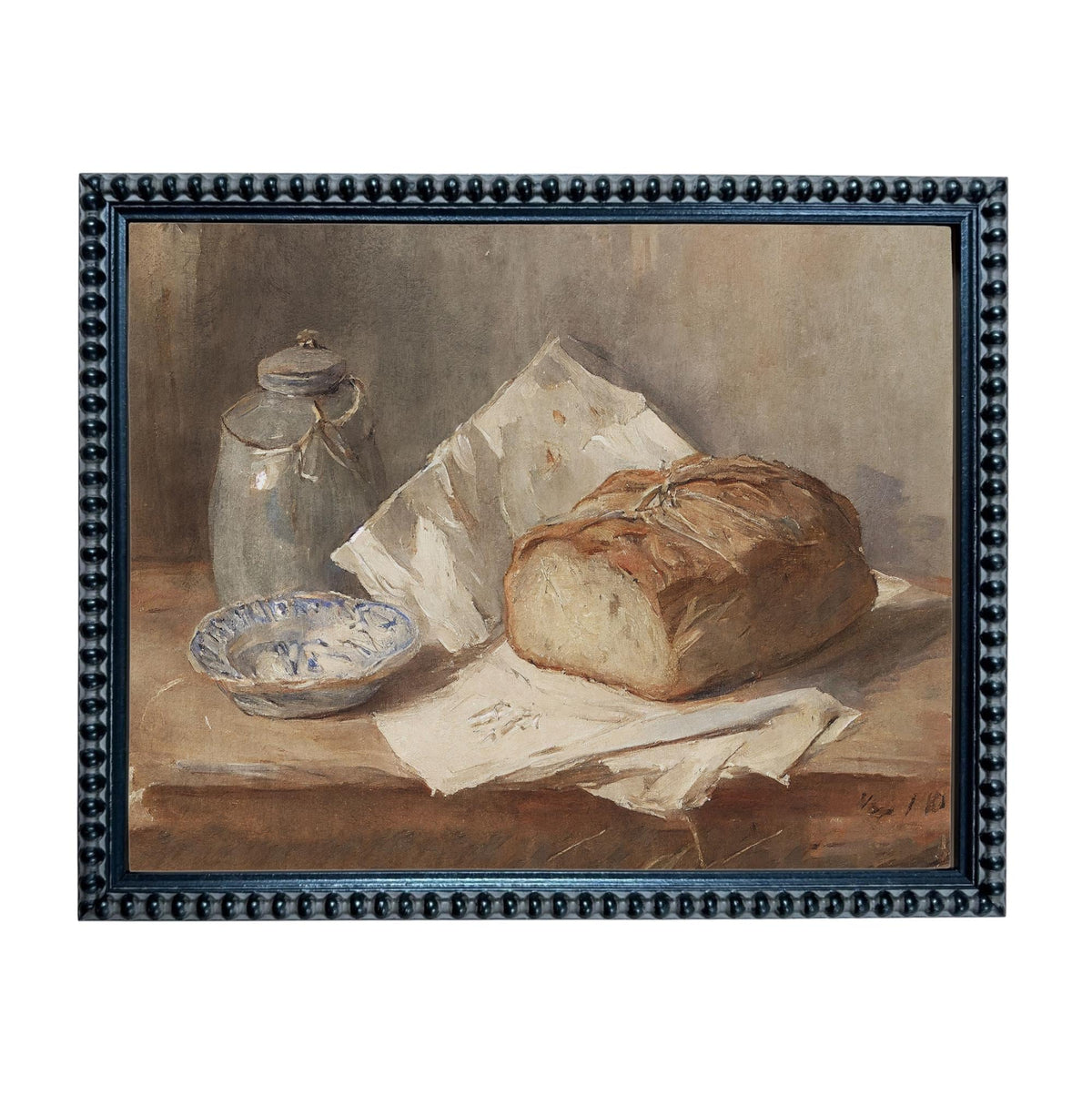 Framed Vintage Pottery and Bread Still Life Painting, Farmhouse Kitchen Canvas Print #ST-648