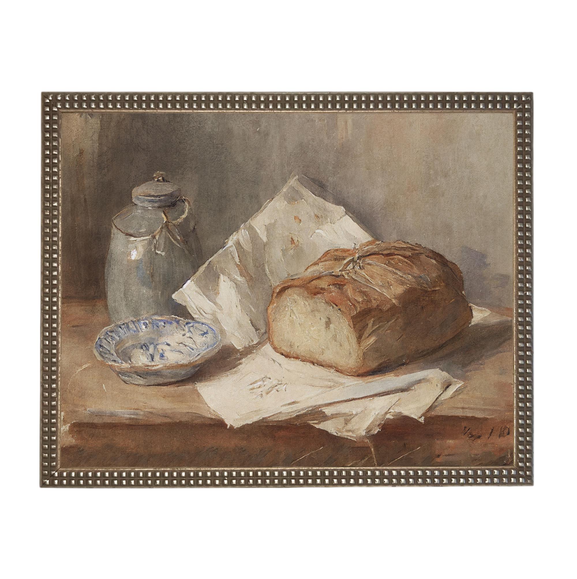 Framed Vintage Pottery and Bread Still Life Painting, Farmhouse Kitchen Canvas Print #ST-648